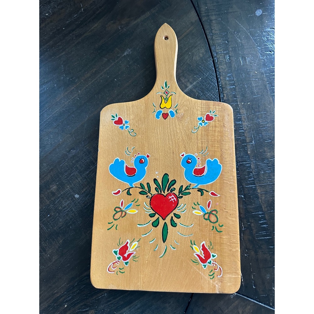 Vintageβ Hand Painted Wood Cutting Board Folk Art Blue Birds Heart Decorative